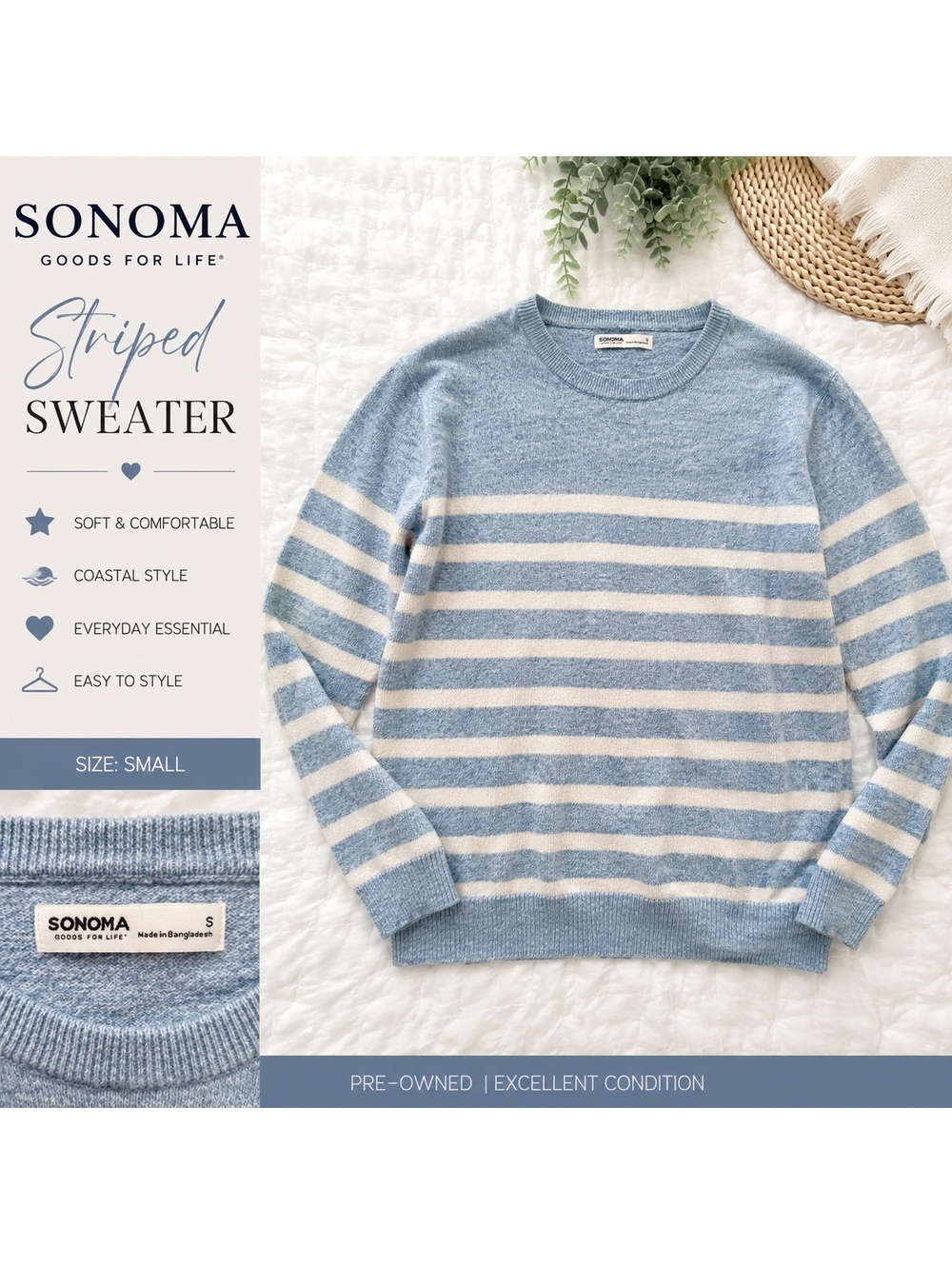 Sonoma Goods For Life Small Blue Cream Striped Crewneck Sweater Coastal